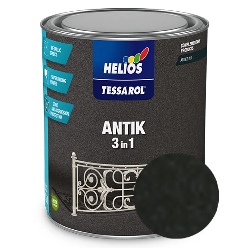 Антикорозійна емаль по металу з декоративним ефектом HELIOS TESSAROL Antik 3 в 1 антрацит 0,75л 